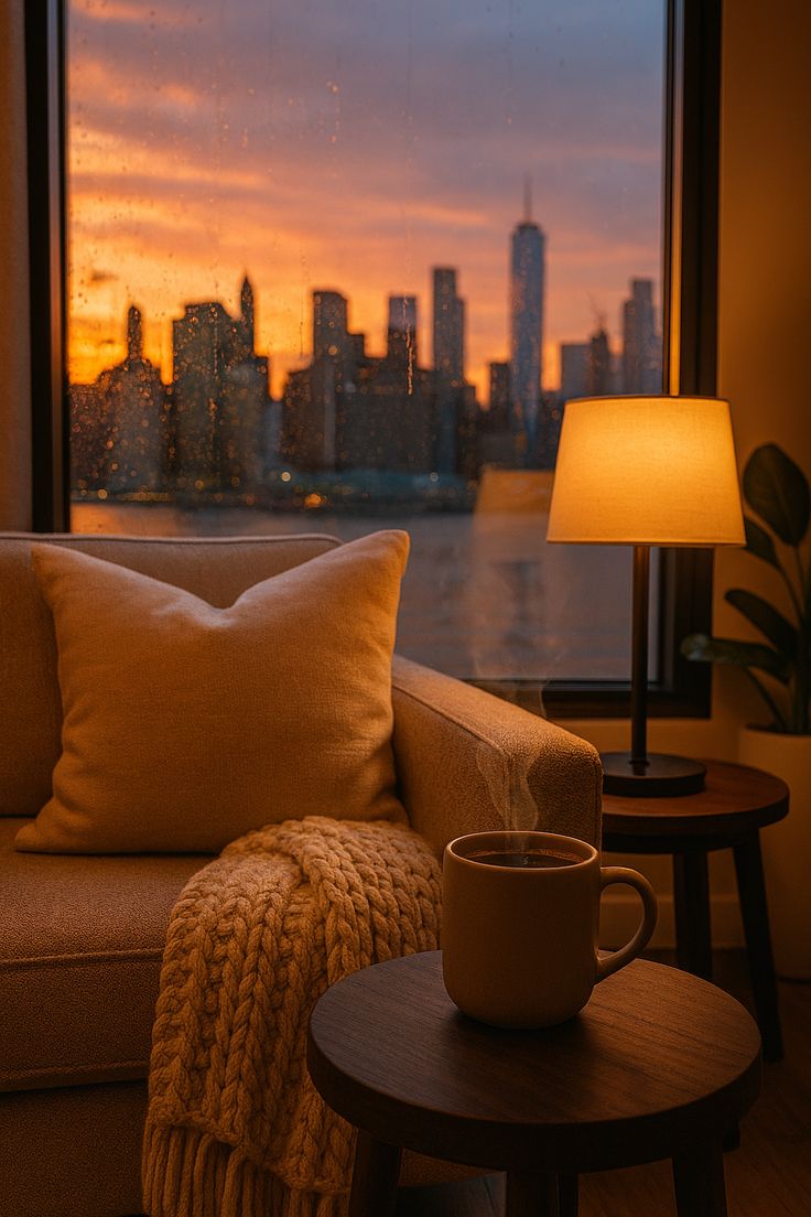 A calm window seat at dusk with soft lamplight and an open notebook