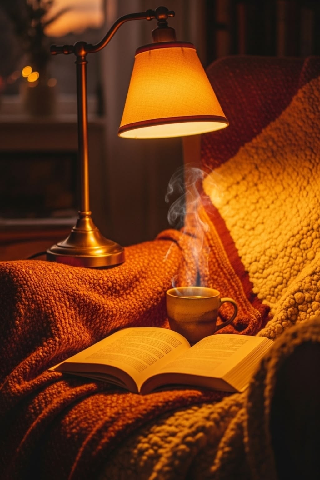 Warm lamplight on a side table with a book, a cup, and folded textiles